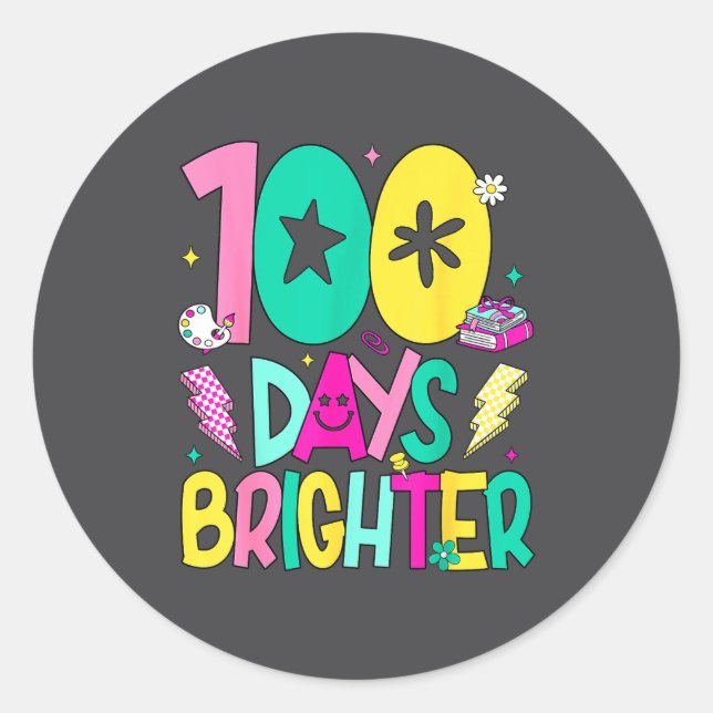 Preppy 100 Days Brighter Happy 100th Day Of School Classic Round Sticker (Front)
