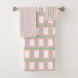Preppy 1980s Pink White Green Geometric Pattern Bath Towel Set