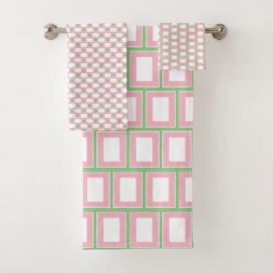 Preppy 1980s Pink White Green Geometric Pattern Bath Towel Set
