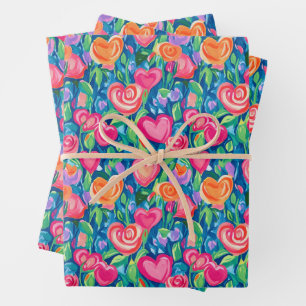 Preppy Abstract Hearts and Flowers Wrapping Paper