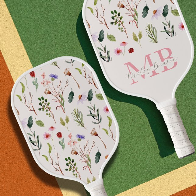 Preppy Aesthetic Retro Wildflowers Cute Monogram  Pickleball Paddle (Preppy gift - personalized floral wildflower pickleball paddle)