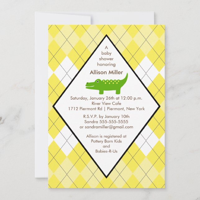 Preppy Alligator  Baby Shower Invitation Yellow (Front)