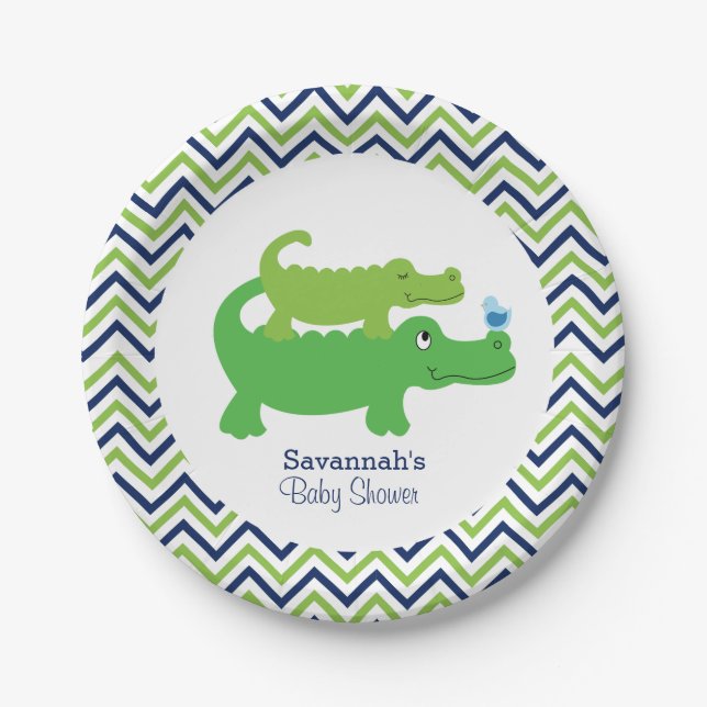 Preppy Alligator Chevron Baby Shower Paper Plate (Front)
