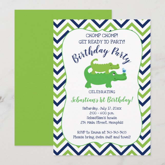 Preppy Alligator Crocodile Boy Birthday Invitation (Front/Back)