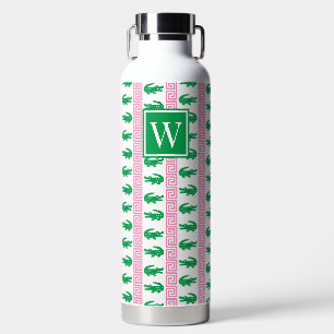 Preppy Alligator Greek Key Stripe – Pink & Green Water Bottle