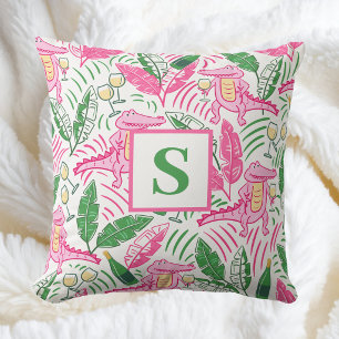 Preppy Alligator Wine Pink Green Monogram Cushion