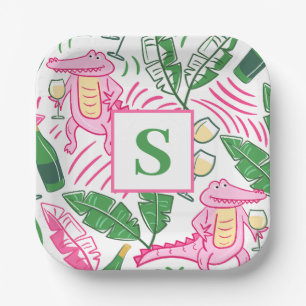 Preppy Alligator Wine Pink Green Monogram Paper Plate