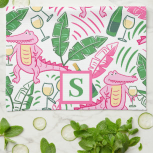 Preppy Alligator Wine Pink Green Monogram Tea Towel