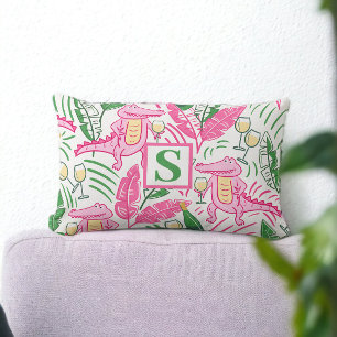 Preppy Alligator Wine Pink Green Monogram White Lumbar Cushion