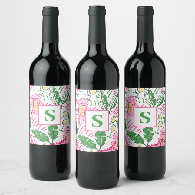 Preppy Alligator Wine Pink Green Monogram Wine Label (Bottles)