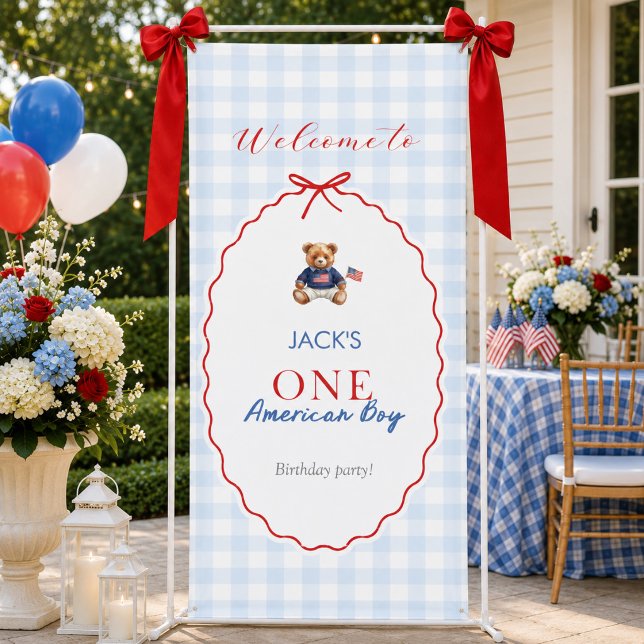 Preppy American Teddy Bear Blue Gingham Boy First  Banner (Creator Uploaded)