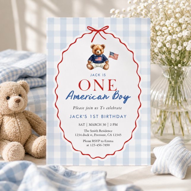 Preppy American Teddy Bear Blue Gingham Boy First  Invitation (Creator Uploaded)