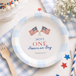 Preppy American Teddy Bear Blue Gingham Boy First Paper Plate