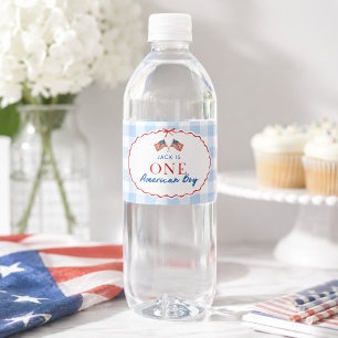Preppy American Teddy Bear Blue Gingham Boy First Water Bottle Label