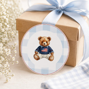 Preppy Americana Teddy Bear Blue Gingham Boy Classic Round Sticker