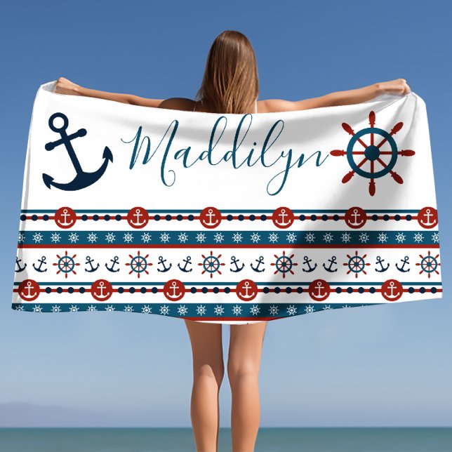 Preppy Anchor Personalised Name Beach Towel (Preppy Anchor Personalized Name Beach Towel)