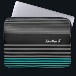 Preppy and Fresh Teal Stripes With Name Laptop Sleeve<br><div class="desc">A preppy mens fashion 13 inch laptop sleeve with fresh teal and black stripes on the bottom and a trendy black and grey striped pattern on the rest of the case. Personalise by adding your name to this modern contemporary style mobile device sleeve.</div>