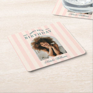 Preppy Any Age Birthday Party Welcome Photo Pink Square Paper Coaster