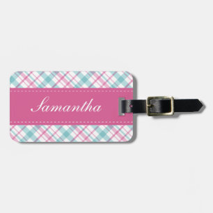 Preppy Aqua and Pink Plaid Pattern Luggage Tag
