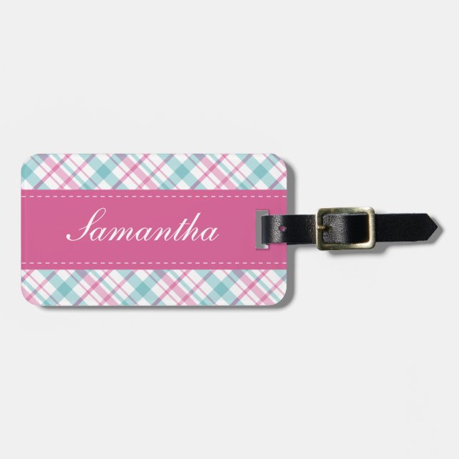 Preppy Aqua and Pink Plaid Pattern Luggage Tag (Front Horizontal)