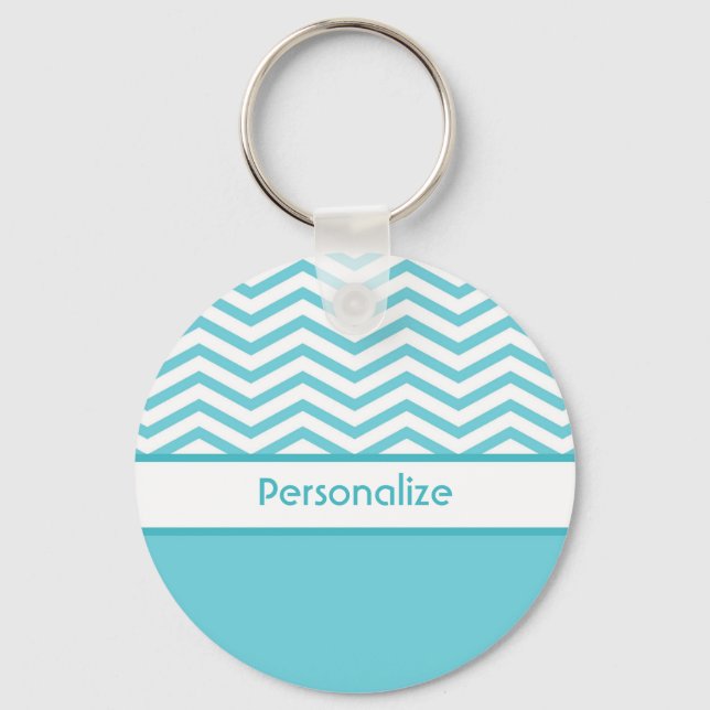 Preppy Aqua Blue and White Chevrons With Name Key Ring (Front)