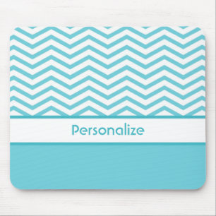 Preppy Aqua Blue and White Chevrons With Name Mouse Mat