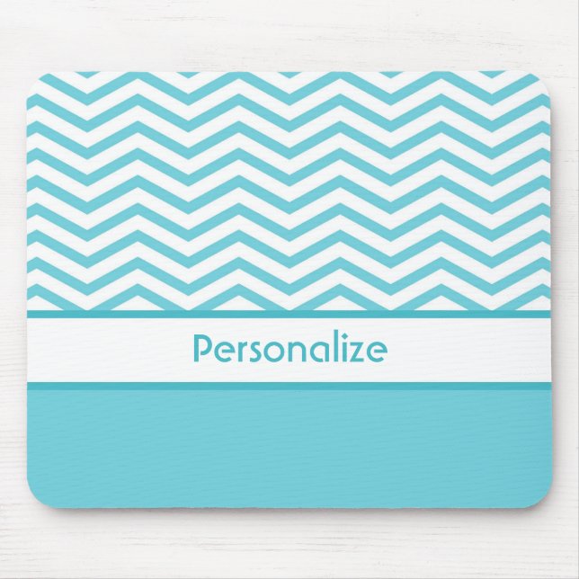 Preppy Aqua Blue and White Chevrons With Name Mouse Mat (Front)