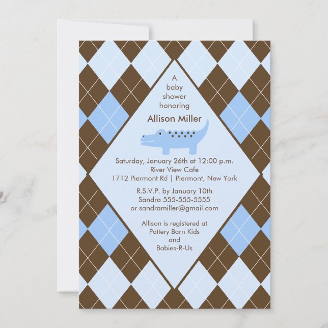 Preppy Argyle Alligator Boy Baby Shower Invitation (Front)