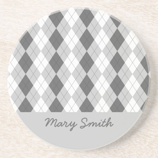 Preppy Argyle Custom Name Grey Pattern Coaster (Front)