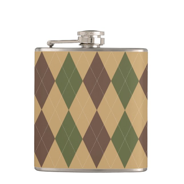 Preppy Argyle Khaki Army Green Brown Personalised Hip Flask (Front)