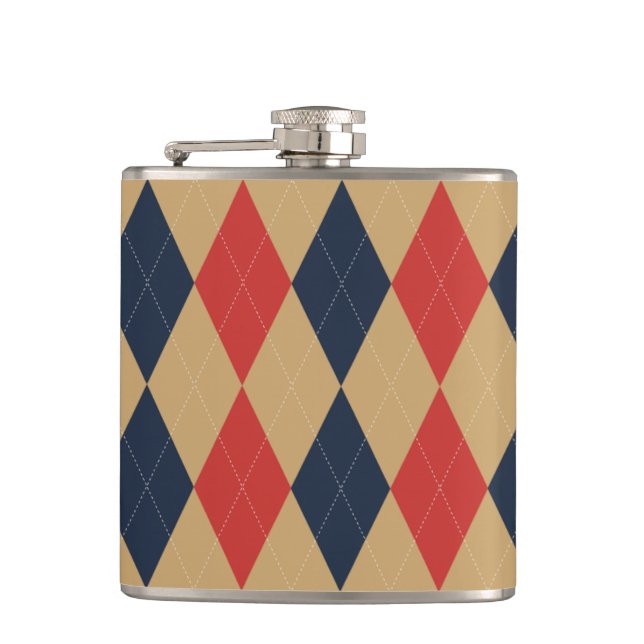 Preppy Argyle Khaki Navy Red Personalised Hip Flask (Front)