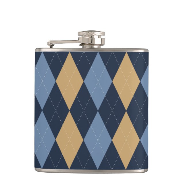 Preppy Argyle Navy Khaki Smoke Blue Personalised Hip Flask (Front)
