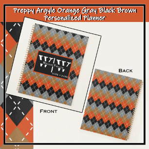 Preppy Argyle Orange Grey Black Brown Personalised Planner