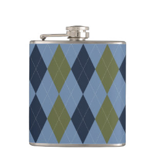 Preppy Argyle Smoke Blue Green Navy Personalised  Hip Flask