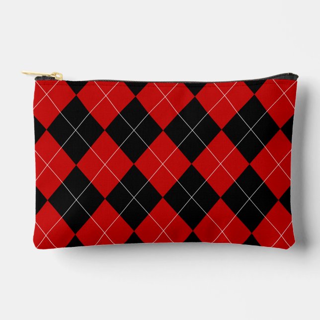 Preppy Argyle Tartan Diamond Plaid Red Black Accessory Pouch (Front)