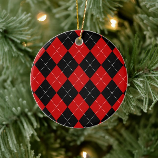 Preppy Argyle Tartan Diamond Plaid Red Black Ceramic Tree Decoration (Tree)