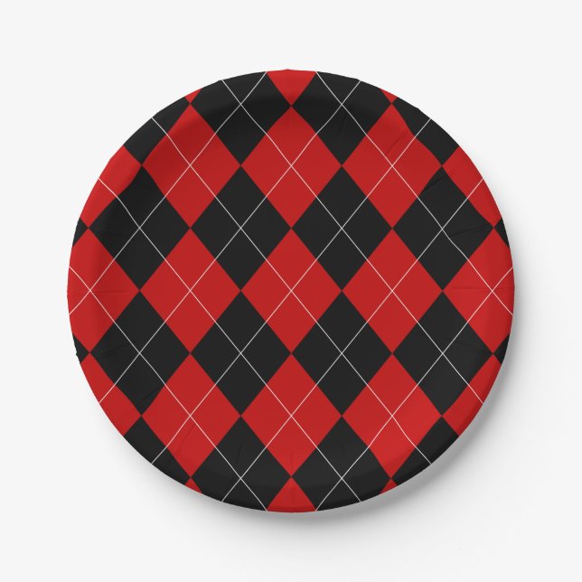 Preppy Argyle Tartan Diamond Plaid Red Black Paper Plate (Front)