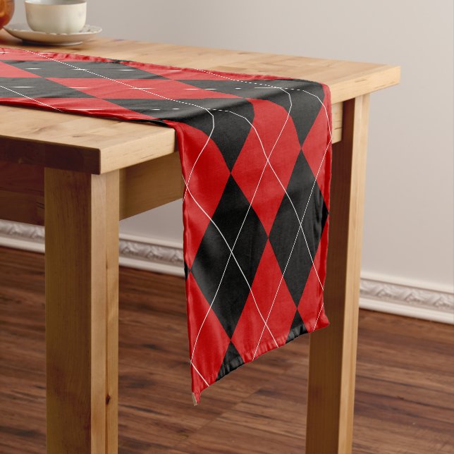 Preppy Argyle Tartan Diamond Plaid Red Black Short Table Runner (In Situ)