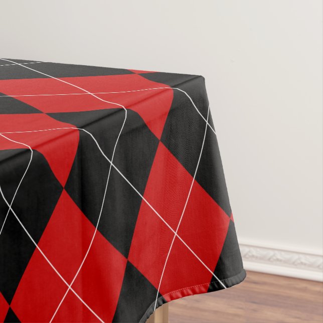 Preppy Argyle Tartan Diamond Plaid Red Black Tablecloth (In Situ)