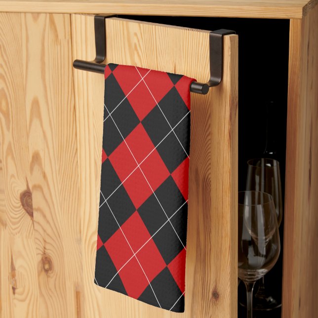 Preppy Argyle Tartan Diamond Plaid Red Black Tea Towel (Thirds Fold)