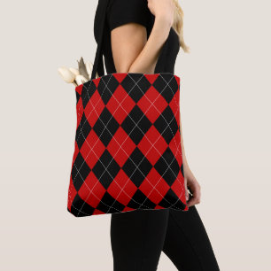 Preppy Argyle Tartan Diamond Plaid Red Black Tote Bag
