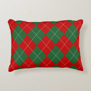 Preppy Argyle Tartan Diamond Plaid Red Green Decorative Cushion