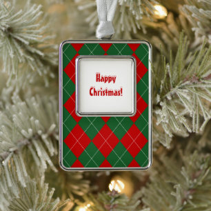 Preppy Argyle Tartan Diamond Plaid Red Green Silver Plated Framed Ornament