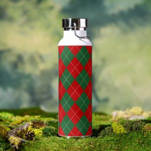 Preppy Argyle Tartan Diamond Plaid Red Green Water Bottle