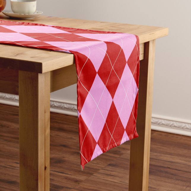 Preppy Argyle Tartan Diamond Plaid Red Pink Short Table Runner (In Situ)