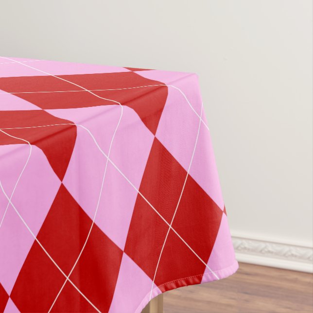 Preppy Argyle Tartan Diamond Plaid Red Pink Tablecloth (In Situ)