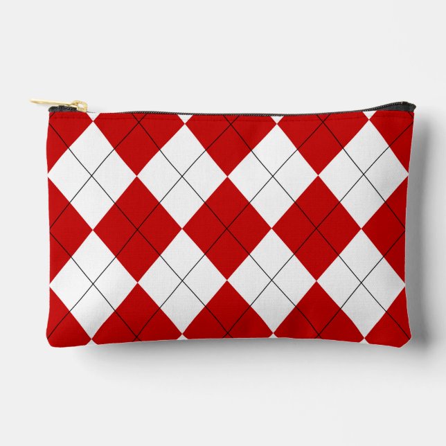 Preppy Argyle Tartan Diamond Plaid Red White Accessory Pouch (Front)