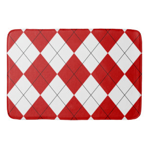 Preppy Argyle Tartan Diamond Plaid Red White Bath Mat