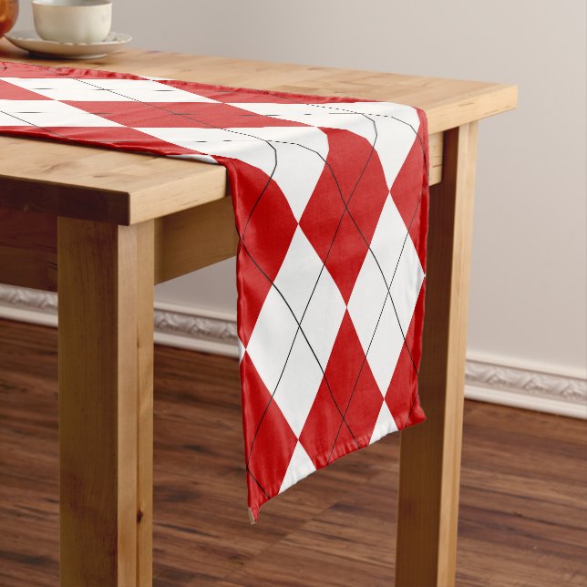 Preppy Argyle Tartan Diamond Plaid Red White Short Table Runner (In Situ)