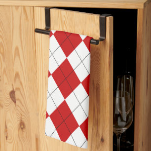 Preppy Argyle Tartan Diamond Plaid Red White Tea Towel